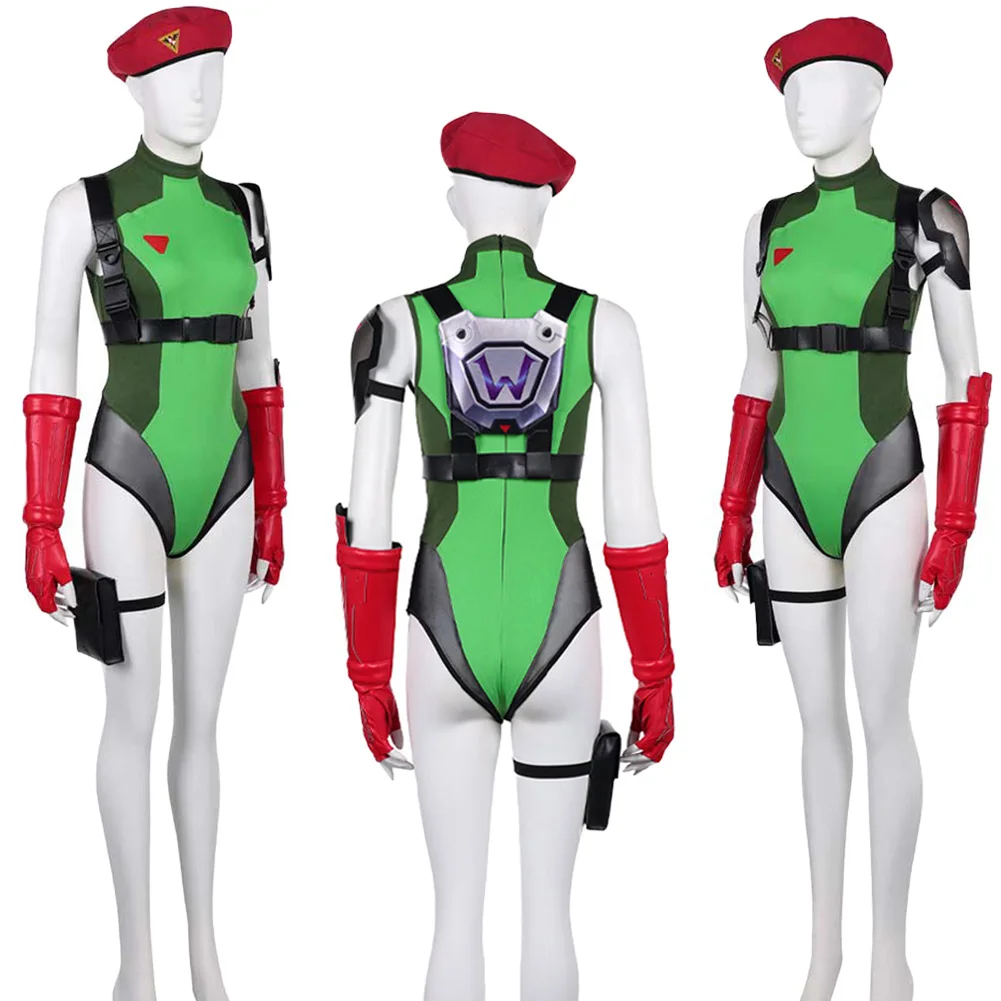 Game OW Cammy White Cosplay Green Jumpsuit Red Hat Gloves Outfits Women Disguise Costume Halloween Carnival Party Roleplay Suit
