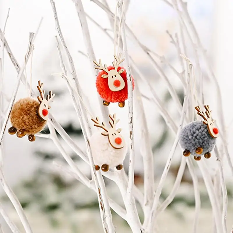 Deer Ornaments For Christmas Tree Soft Reindeer Plush Doll Christmas Antler Pendant Wooden Animal Ornaments Deer Christmas Decor
