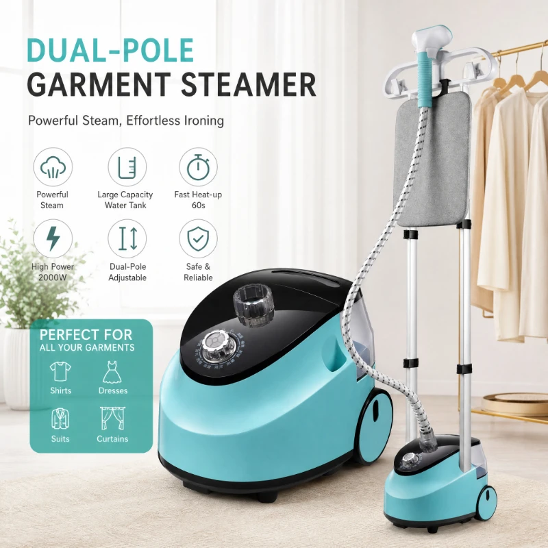 2 in 1 Flat Ironing Up Stand Hanging Garment Steamer Home Use Double Rod Steam Iron Vertical Clothes Steamer with Ironing Board