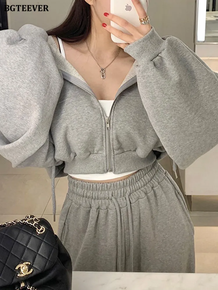 BGTEEVER Spring Ladies Tracksuits Long Sleeve Zippers Hooded Sweatshirts & Wide Leg Drawstring Pants Casual Women Trouser Set