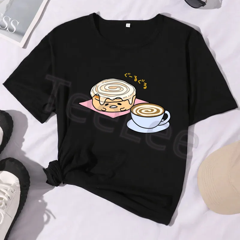 Gudetama طباعة القهوة التي شيرت انمي ياباني البيض الجرافيك الأسود تي شيرت المرأة الصيف قصيرة الأكمام Kawaii ملابس الشارع الشهير #3