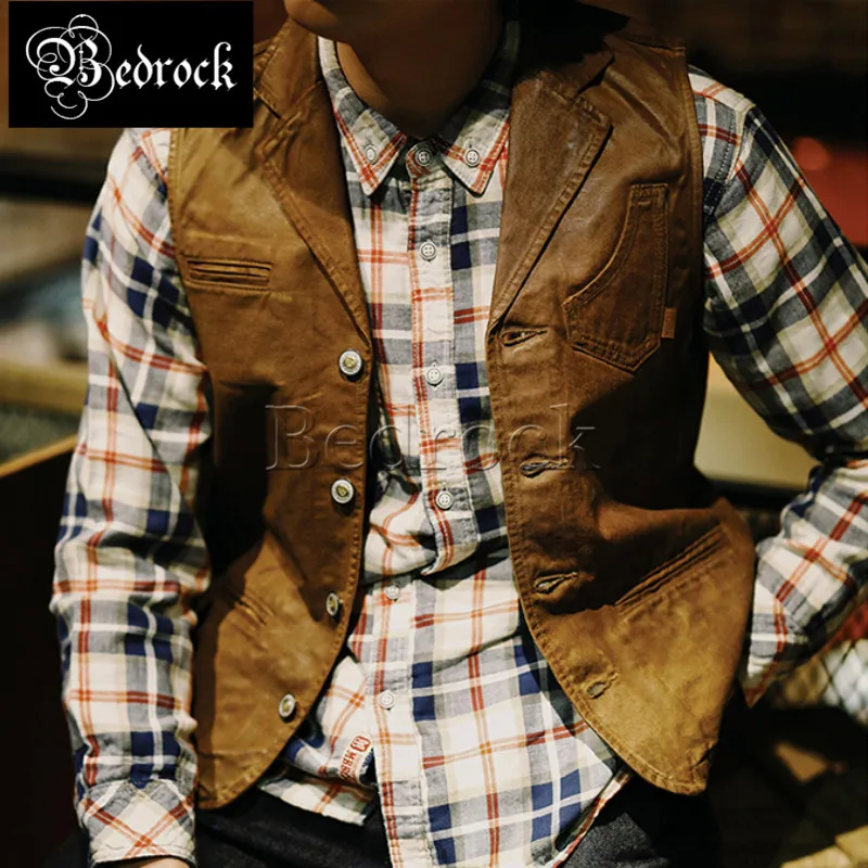 MBBCAR 10oz selvedge denim manual PU vest for men 100 Cotton Amekaji Brown waterproof vinatge V-Neck Hunting vest Bukleback 3090