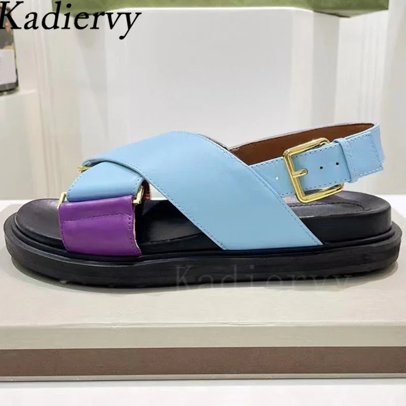 Summer Flat Sandals Woman Genuine Leather Cross Strap Holiday Beach Shoes Female Thick Sole Roman Sandals Women Sandalias Mujer