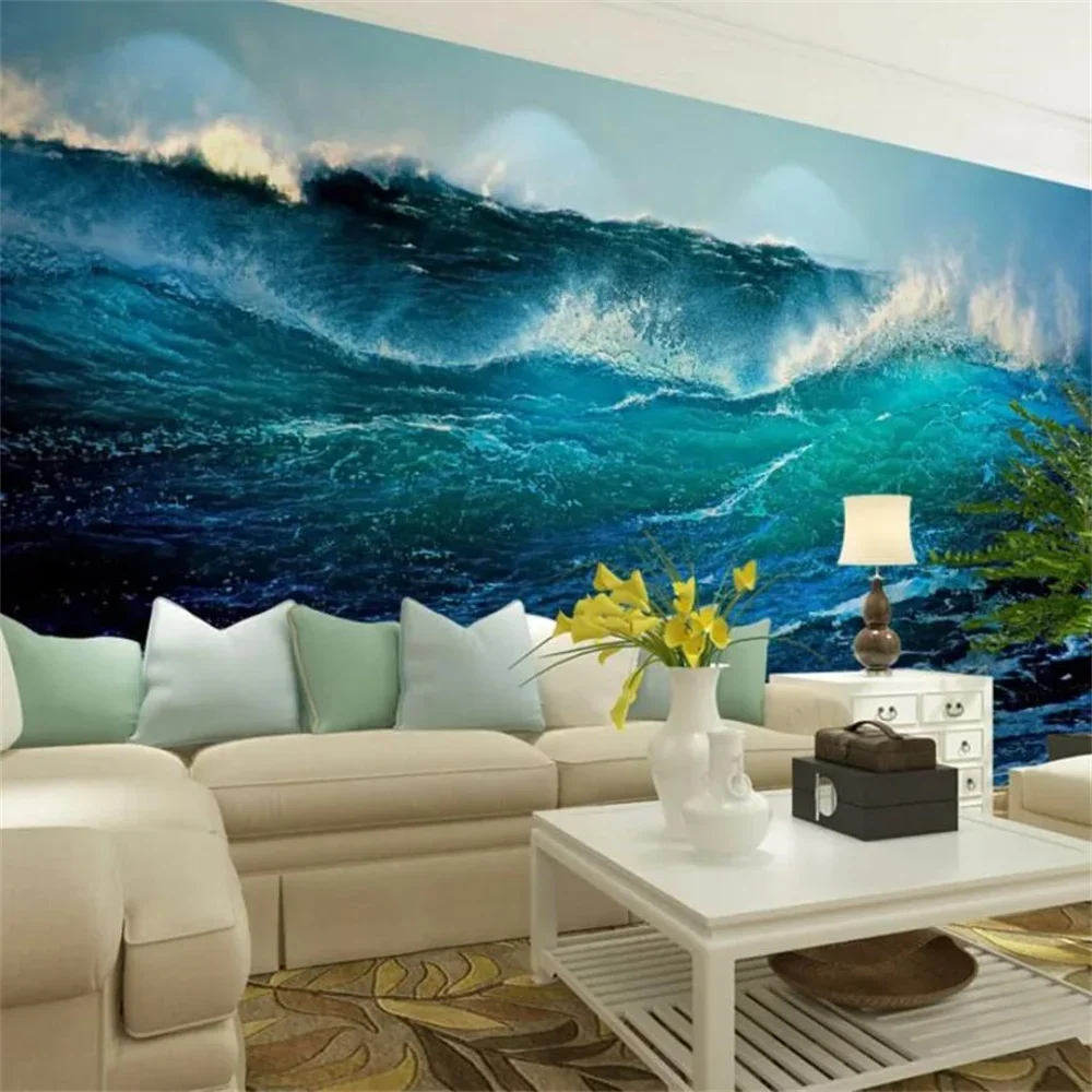 Custom Blue ocean waves wall papers home decor papel de parede 3d wallpaper for living room landscape Deep Blue Sea Stickers