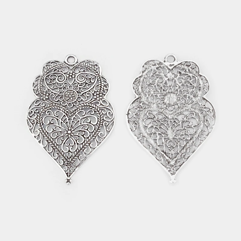 3pcs Tibetan Silver Large Hollow Filigree Owl Viana Heart Charms Pendant For DIY Necklace Earring Jewelry Making Supplies