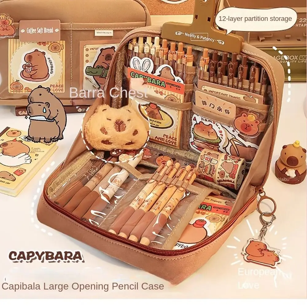 Trendy Large Capacity Capybara Pen Bag Cute Canvas Pencil Case Multifunctional Hand-held Storage Pouch for Students