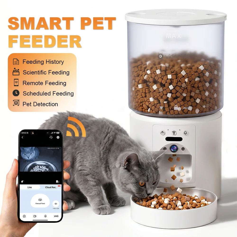 videolife 4L Smart Cat Feeder with FHD Camera, Dual-Band WiFi Auto Pet Food Dispenser Remote Feeding Timed Portion Control