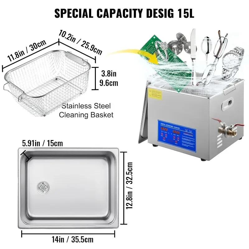 Vevor เครื่องทำความสะอาด15L อัลตราโซนิก110V, เครื่องทำความสะอาดอัลตราโซนิกสำหรับมืออาชีพพร้อมนาฬิกาดิจิตอลและเครื่องทำความร้อน