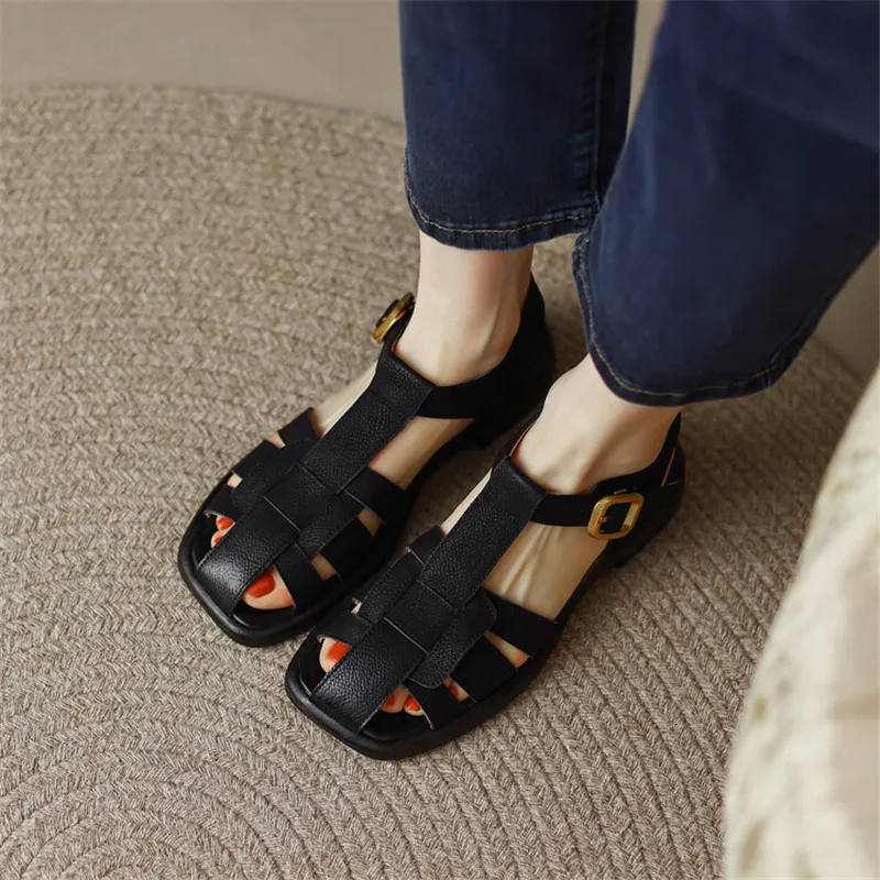 2023 New Summer Sandals Split Leather Low Heels Woman Shoes Chunky Heel Square Toe Sandals Shoes Handmade Casual Women Pumps