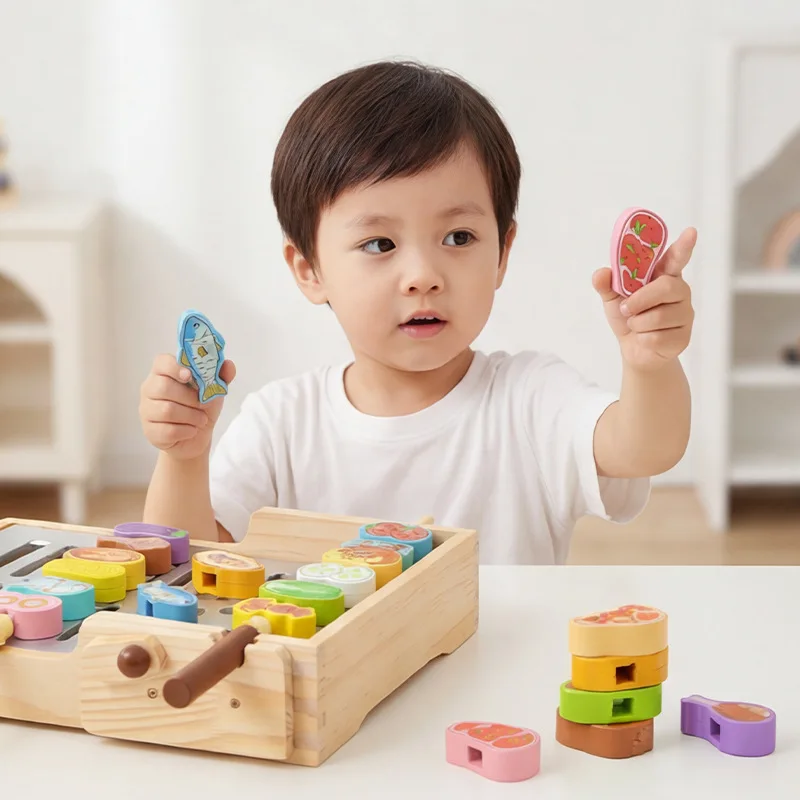 Wooden Pretend Play BBQ Set for Kids,Simulation Grill SkewersBeads Game,Educational Toy for Hand-EyeCoordination&Color Cognition