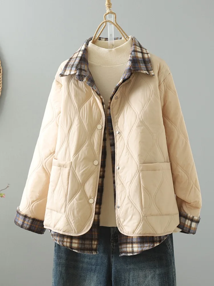 

Winter Plaid irt Cotton Jaet Women's plus Size Lightweight Warm Outerwear ort Coat Artistic Sle Button Design Thien...