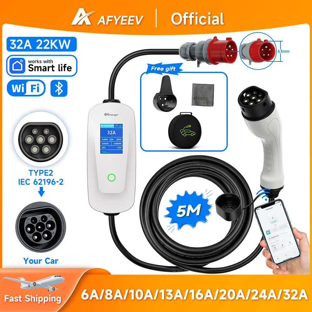 AFYEEV 22KW 32A 3Phase Type2 Portable EV Charger Wi-Fi Bluetooth APP Control EVSE Charging Box Charging Station For Electric Car