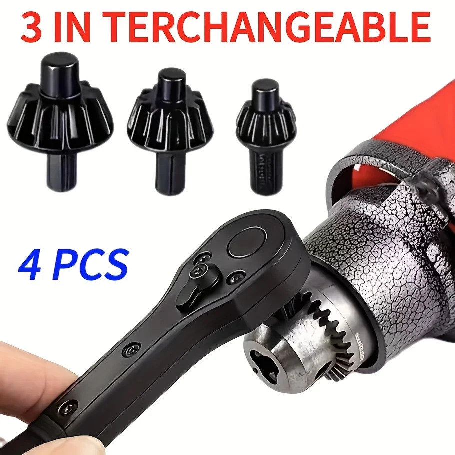 1 Set of 4-Piece Dual-Purpose Wrenches with Iron Drill Chuck, Upgraded Second-Generation Interchangeable Head Wrenches, Quick Ratchet with 3-Speed Forward and Reverse Rotation, Non-Slip Handle for Easy Operation