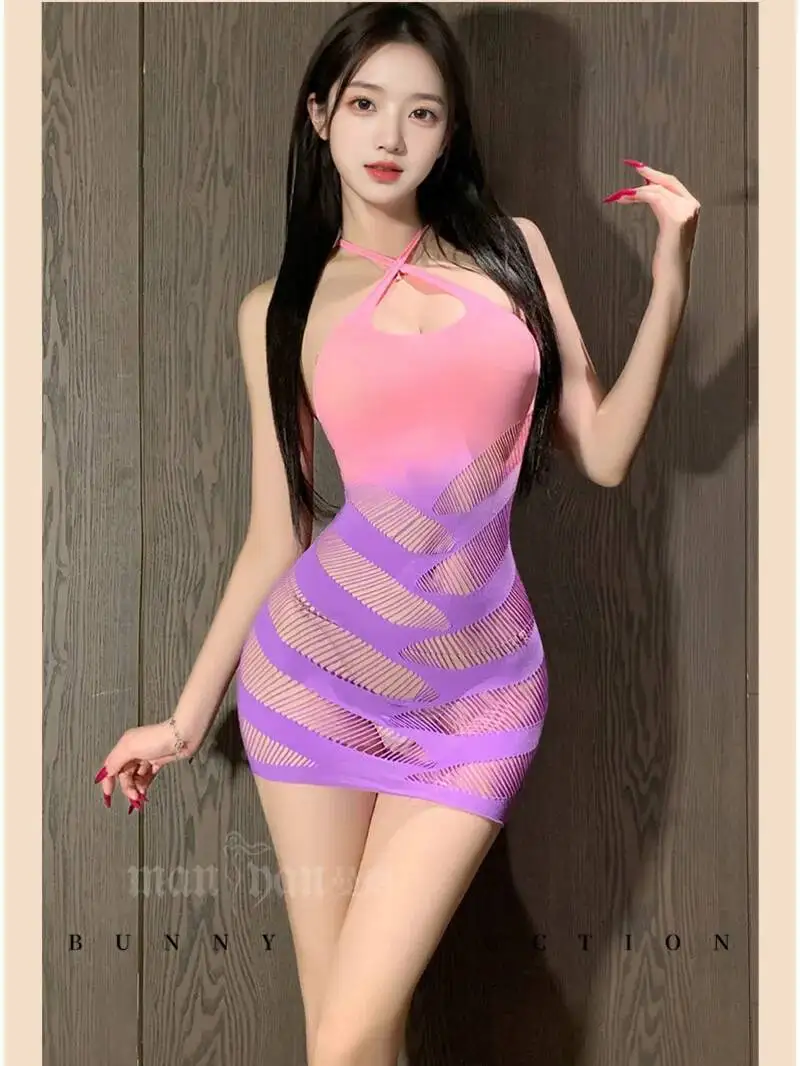 Eoxtic SM Różowo-Fioletowa Seksowna Damska Sukienka Gradientowa z Perforacją, Żakardowa Sukienka z Dekoltem typu halter, Krzyżowana z Siateczki, Elegancka Wyszczuplająca Seksowna Bluzka DY3Z