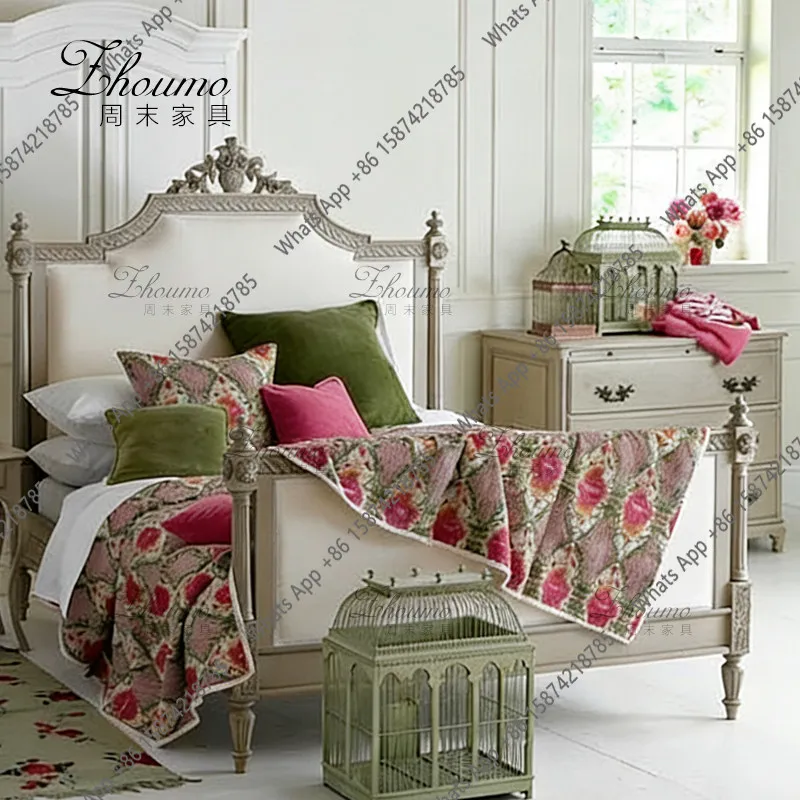 French retro fabric double bed antique master bedroom villa soft engraved single bed solid wood bed