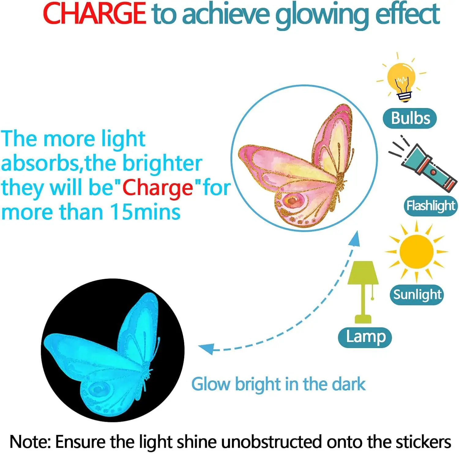 Glow in The Dark Wall Decals Luminous Butterfly Stickers Colorful Removable Self-Adhesive Decals for Girls Bedroom, Kids Nursery