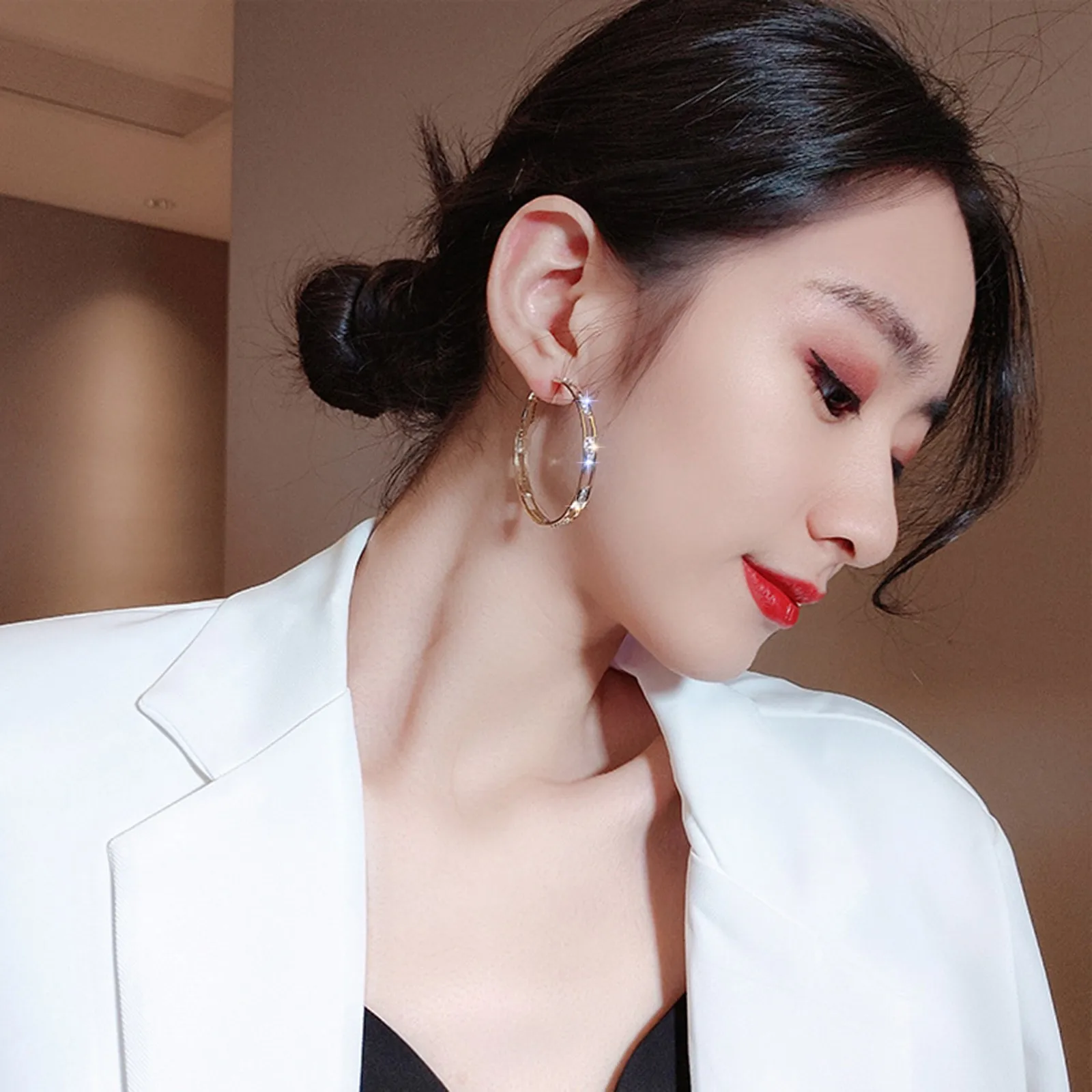 أقراط حجر الراين ذات الأطواق الكبيرة للنساء ، متدلية رفيعة ، أنيقة ، إكسسوارات قلم رصاص ، زفاف ، زوج واحد