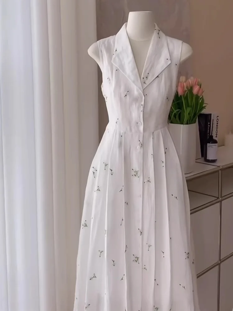 White Floral Vest Dr Women's Summer 2025 New Beach Vaion High Waist A-Line Midi Skirt French Sle No Sve Zipper Ba