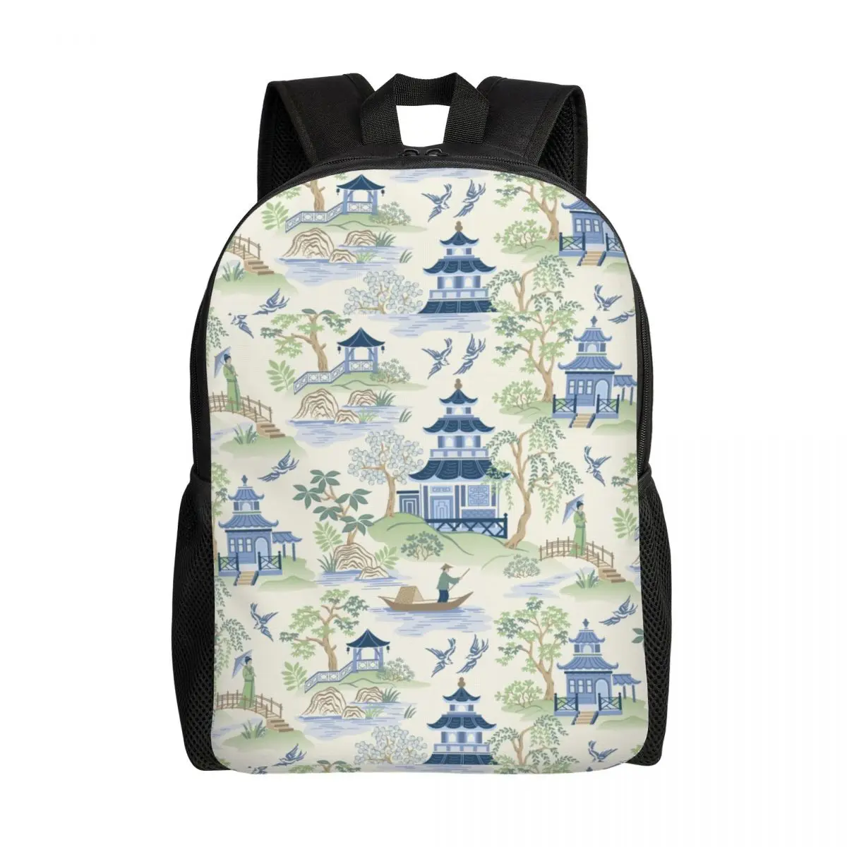 

Vintage Chinoiserie Willow Pagoda Backpacks Oriental Style Landscape School College Travel Bags Bookbag Fits 15 Inch Lapto