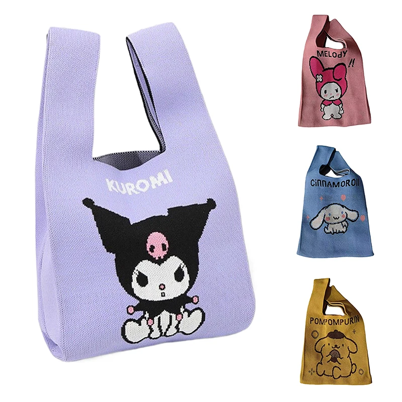 Sanrio Kuromi Handmade Knit Handbag Women Mini Knot Wrist Casual Color Wide Stripe Plaid Tote Bag Student Reusable Shopping Bags