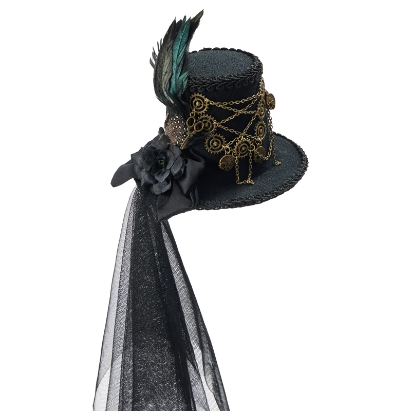 

Halloween Punk Mini Top Hat Steampunk Gears Chain Feather Bowknot Small Hats Cosplay Hair Clip