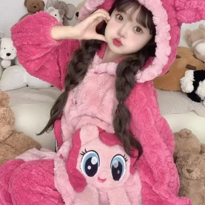 My Little Pony Pinkie Pie Pajamas Women's Autumn and Winter Warm Coral Fleece Pajamas Thickened and Velvet Home Clothing Set