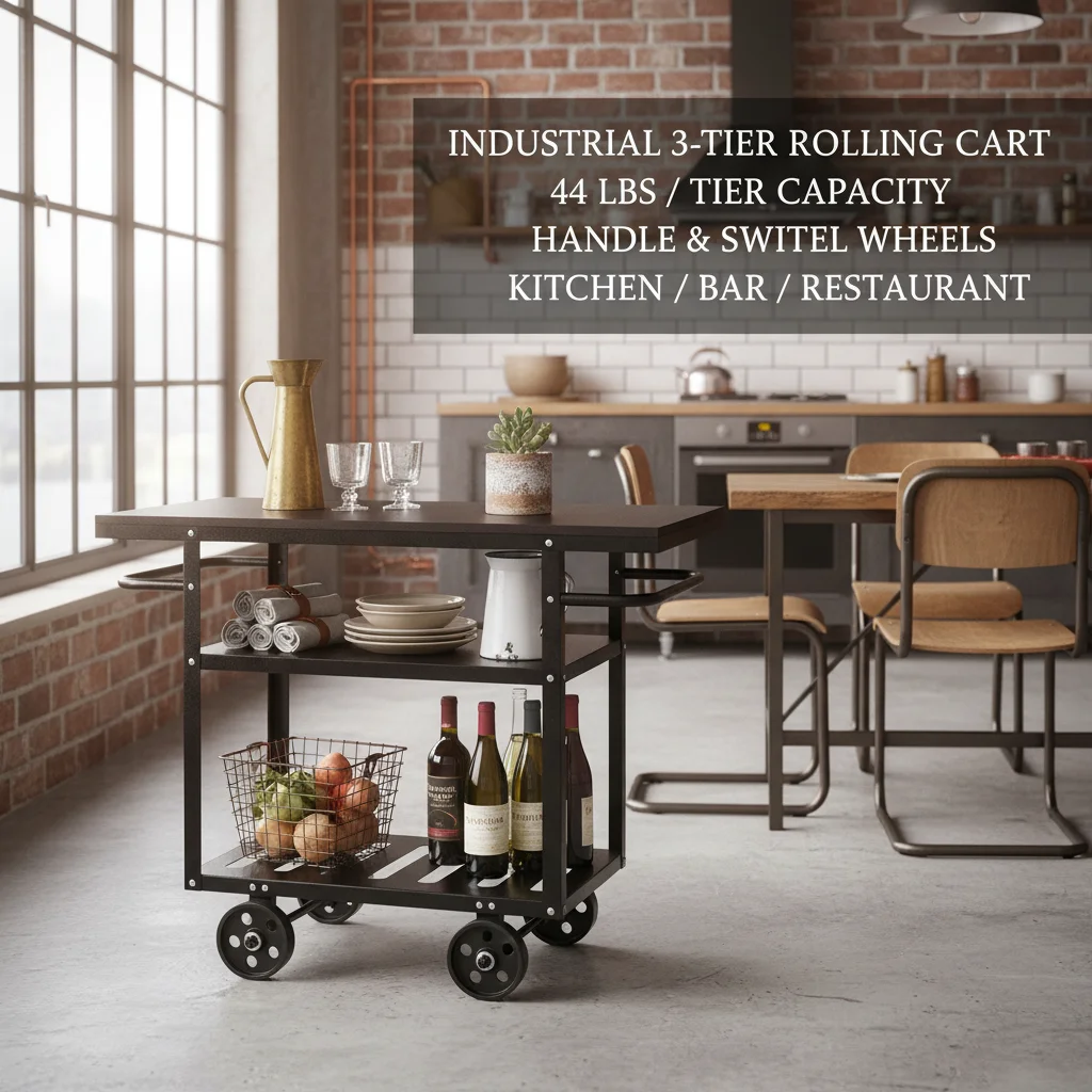 Carrito de Servicio Industrial con Ruedas, 3 Niveles, 36.2x15.7x30.5 Pulgadas, Resistente, para Cocina, Color Negro