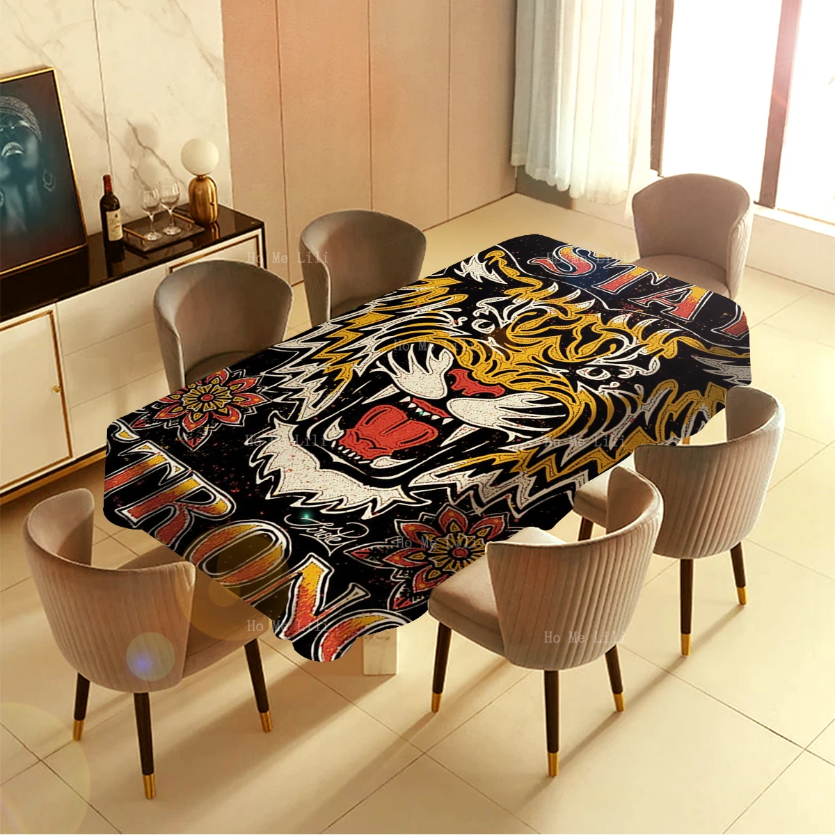 King Of Forest Angry Tiger Head Face Mascot Snake Dagger Throat Tattoo Retro Style Rectangular Tablecloth