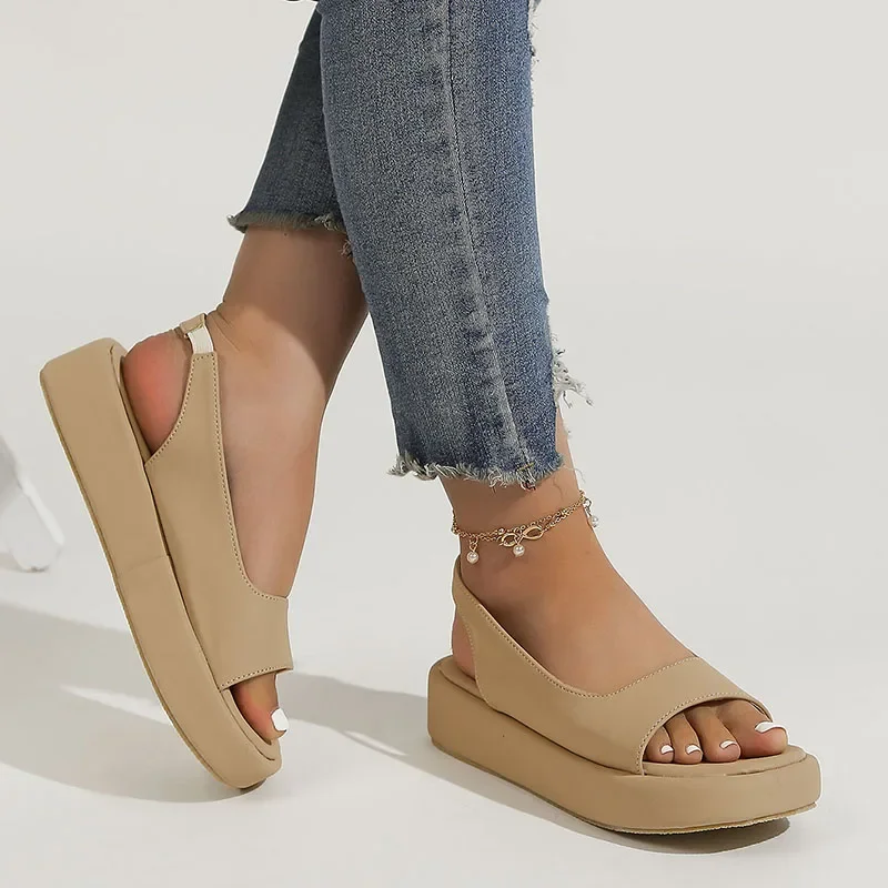 Sandales de danse à plateforme en cuir PU pour femmes, sandales plates décontractées, sangle arrière, Parker ouvert, chaussures de plage coordonnantes, grande taille, été