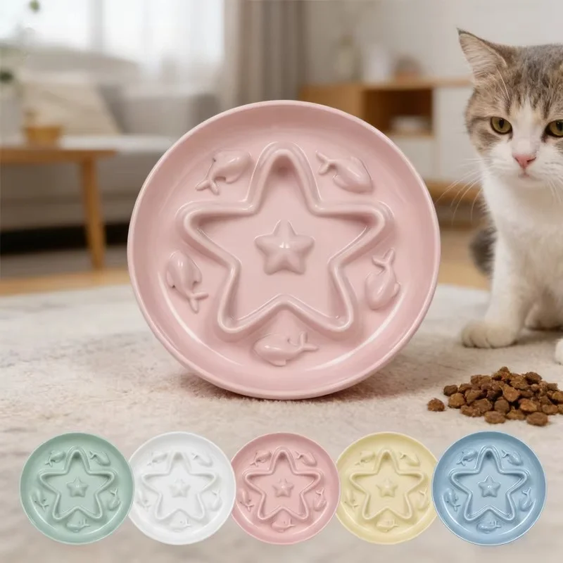 Star Shaped Slow Feeder Cat Bowl Anti Choking Fish Embossed Pet Slow Eating Dish For Kitten Indoor Daily Feeding Use