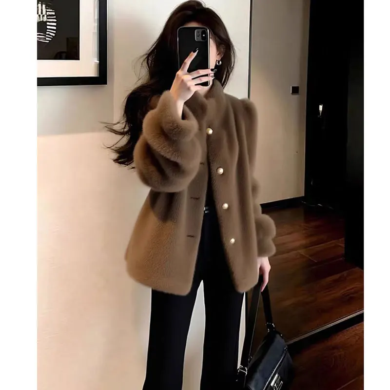 

Ele Winter Women's Plu Jaet Stand Collar Warm Sli Faionable Brown Color Commute Sle Regular Sve Long Coat