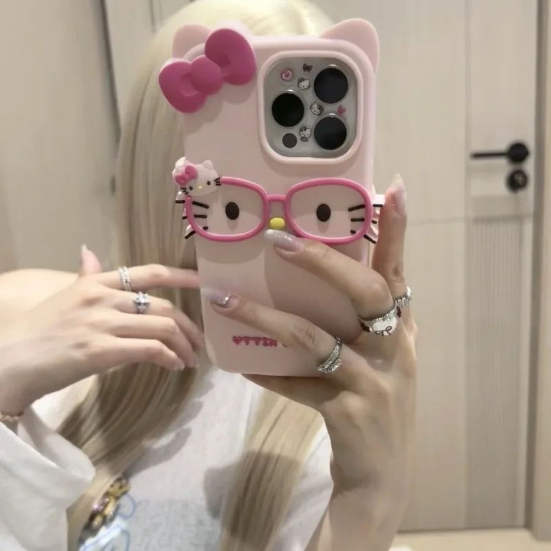 New 3D Glasses Cat Pattern Cartoon Character iPhone Silicone Phone Case 17 Pro Max 16 Plus 15 Plus 14 13 Girls' Festival Gift