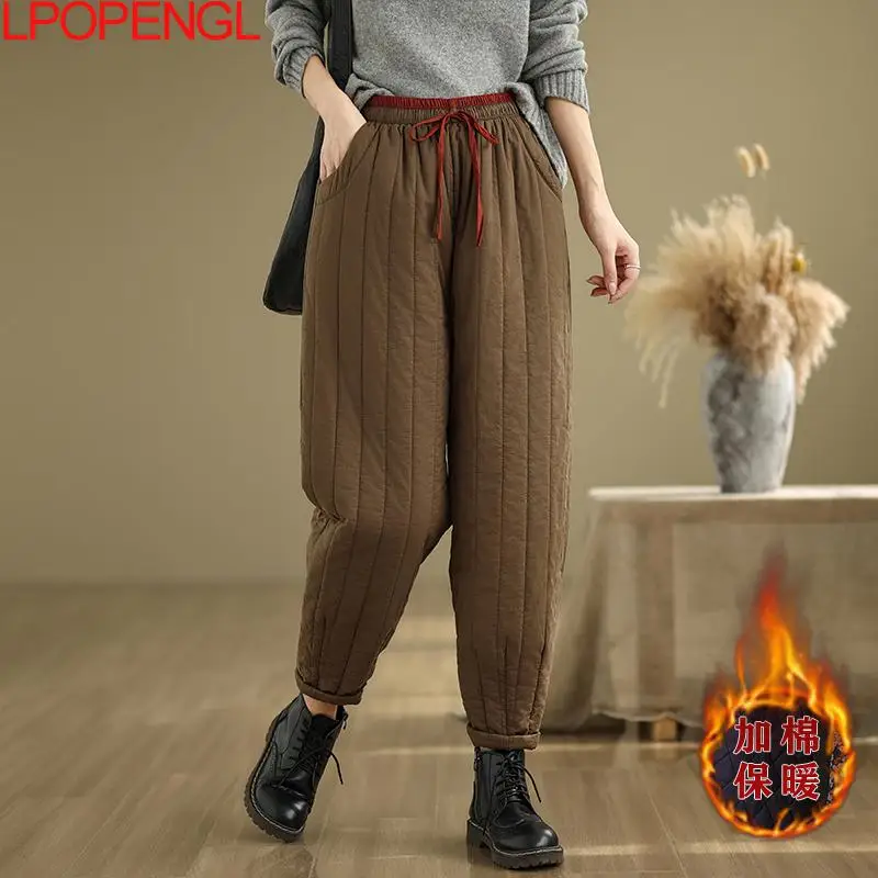 Literary And Versatile Patchwork Vintage Cotton Trousers Women's Winter 2024 New Solid Color Elastic Waist Loose Harem Pants