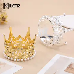 Mini Crown Cake Decoration Princess Topper Pearl Tiara Children Hair Ornaments For Wedding Birthday Party Hair Ornaments Jewelry