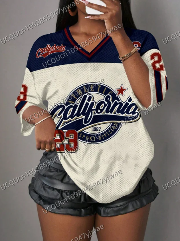 Women's V-Neck Sporty Jersey T-Shirt Casual California Print NO.23 Summer Casual Wear Sports  Mesh T-shirt Tops