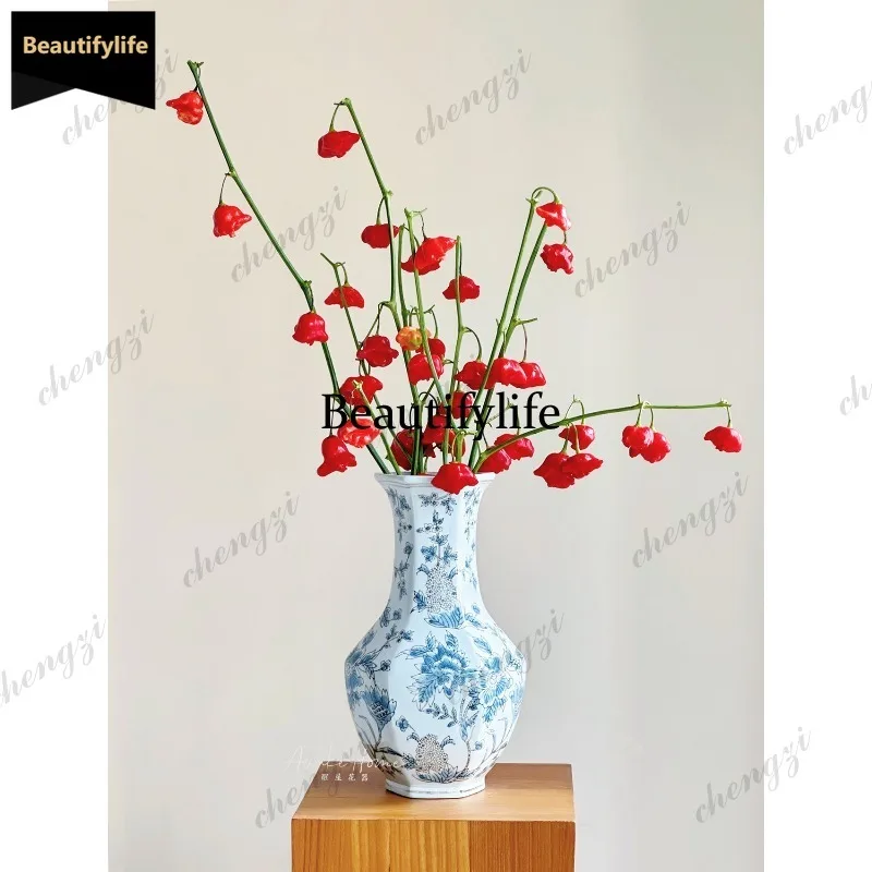 D80 Large diameter ceramic vase, new Chinese style living room entrance, advanced ornament, retro blue and white porcelain