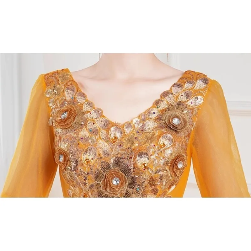 2025 novo feminino bordado com decote em v ouro lantejoulas vestido de noite moda emagrecimento anfitrião desempenho arte exame puff saia vestido longo