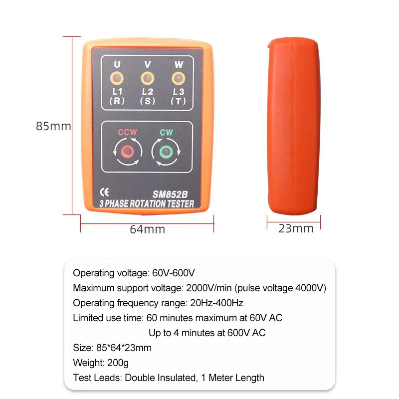 60V~600V AC 3 Phase Rotation Tester Digital Phase Indicator Detector LED Buzzer Phase Sequence Meter Voltage Tester SM852B