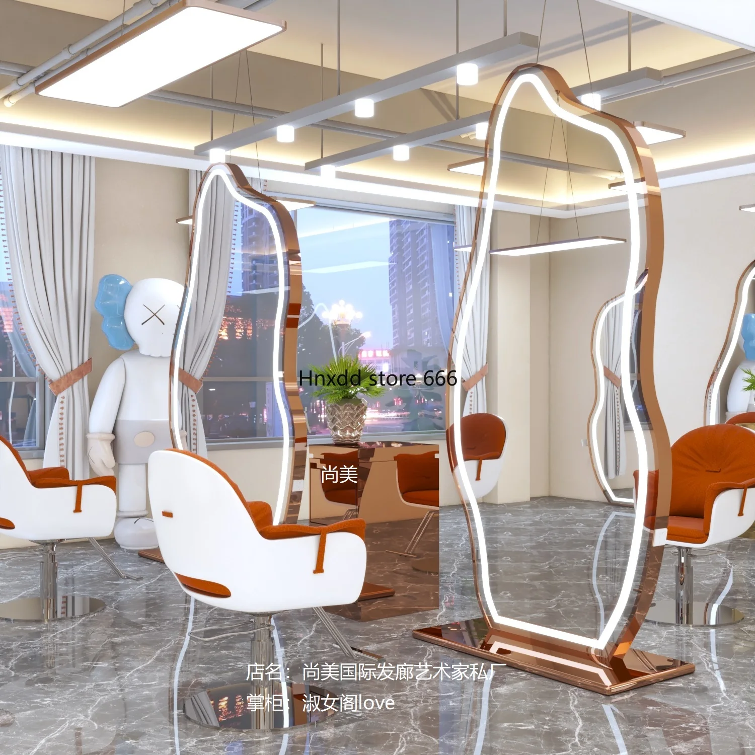 Hair Salon Dressing Table Barber Shop Hair Salon Floor Hair Cutting Full-Length Mirror Single-Sided Hanging with Light