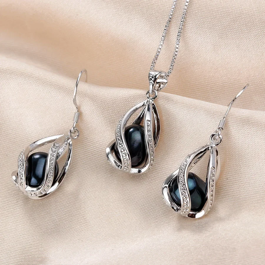 100% Natural Freshwater Pearl Jewelry Sets For Women Fashion 925 Sterling Silver Earrings+Pendant Wedding Jewelry With Box