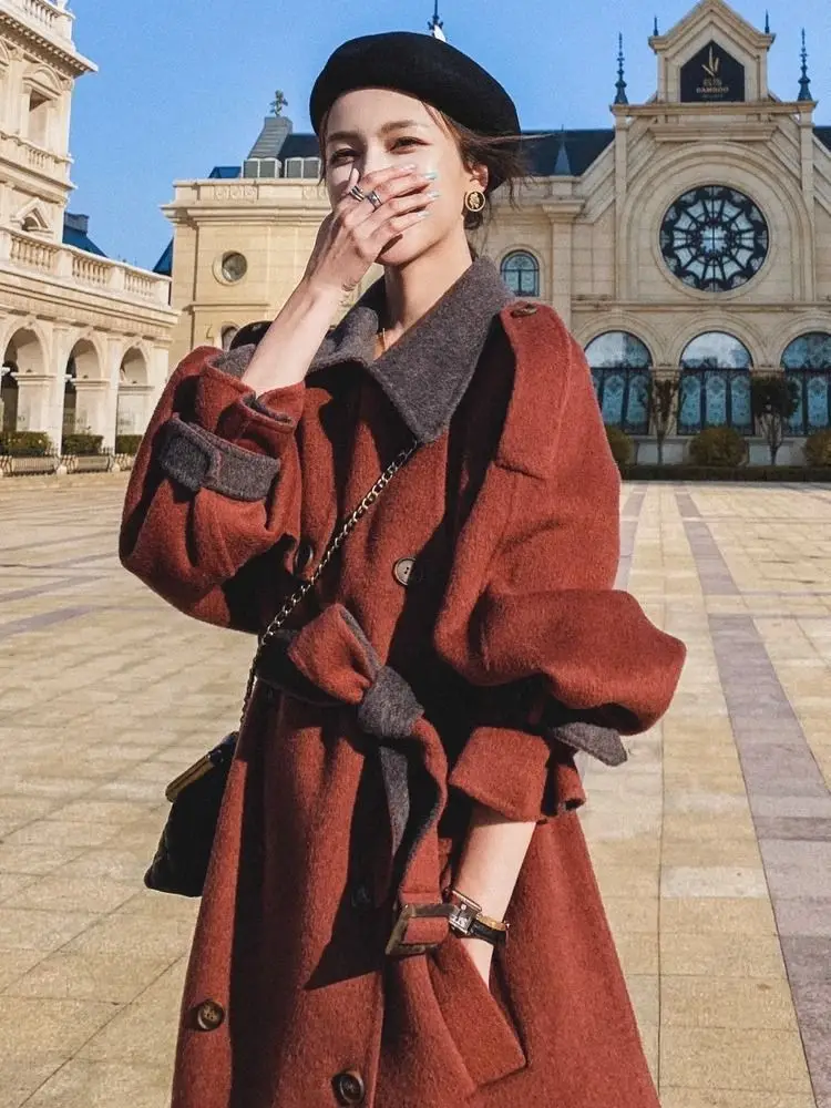 

Fashionable British Style Medium Long Woolen Coat For Women'S Winter Korean Version Loose And Thick Suit Woolen Coat