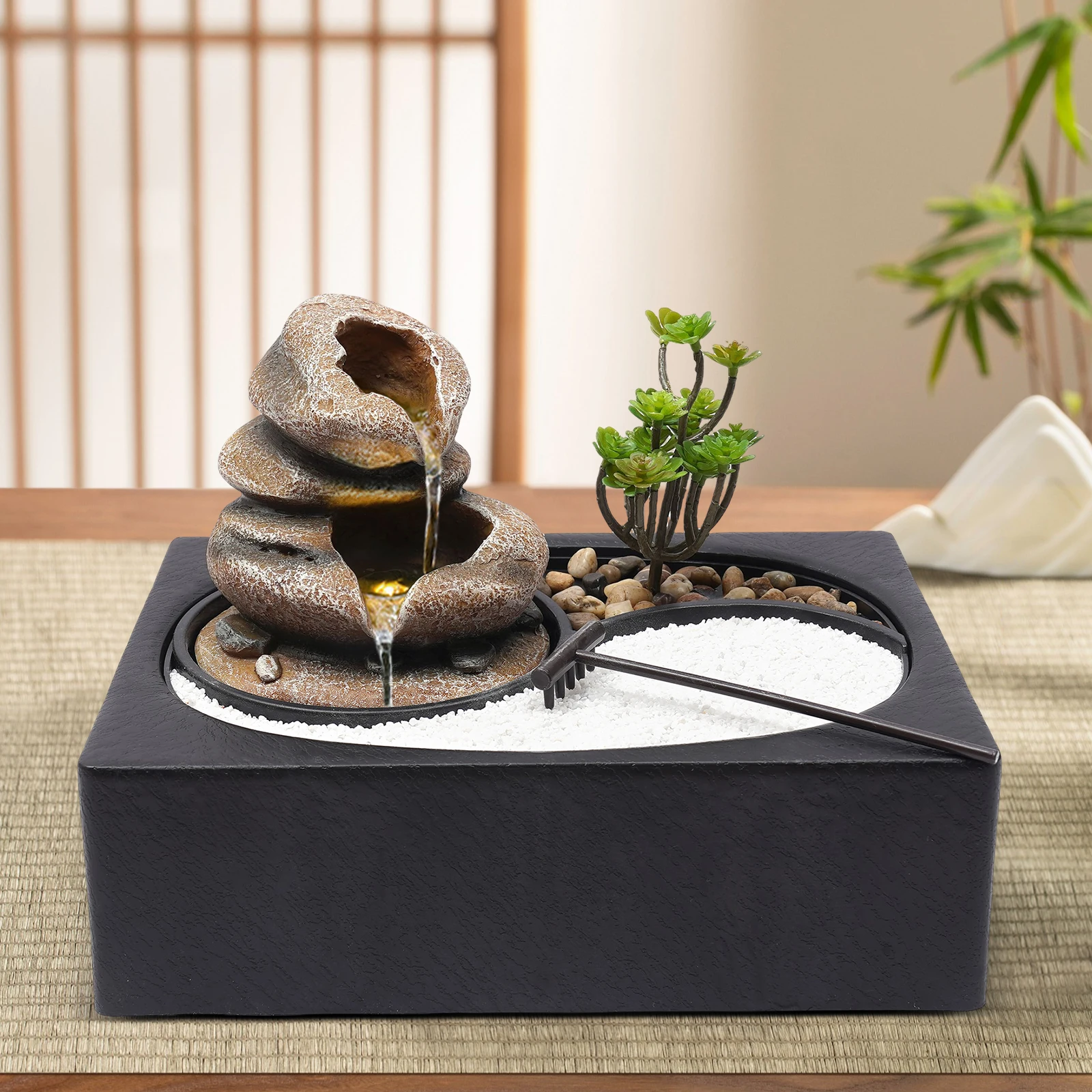 

Black Tabletop Resin Water Fountain,Fountain with LED Light 29*21*22cm for Home Office Bedroom