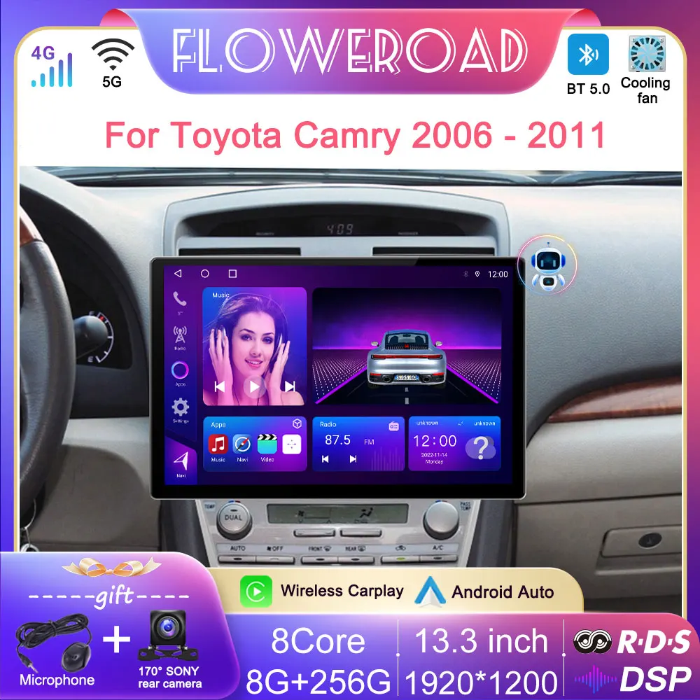 

Автомобильный радиоприемник 13,3 дюймов Android 13 для Toyota Camry 40 2006 - 2011 все в одном стерео Мультимедийный плеер GPS Carplay BT QLED большой экран