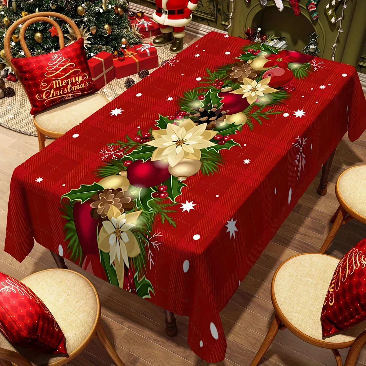 One Christmas-themed tablecloth, featuring decorative patterns of flowers, pinecones and pine brancheszyc