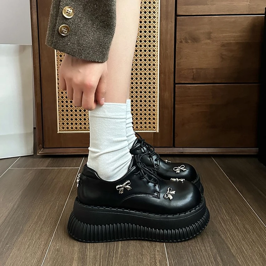 Spring and Fall Round Toe Butterfly Knot Women Pumps Thick Sole Chunky Heels Solid Color Up Ins Fashion Sweet Female Shoes New