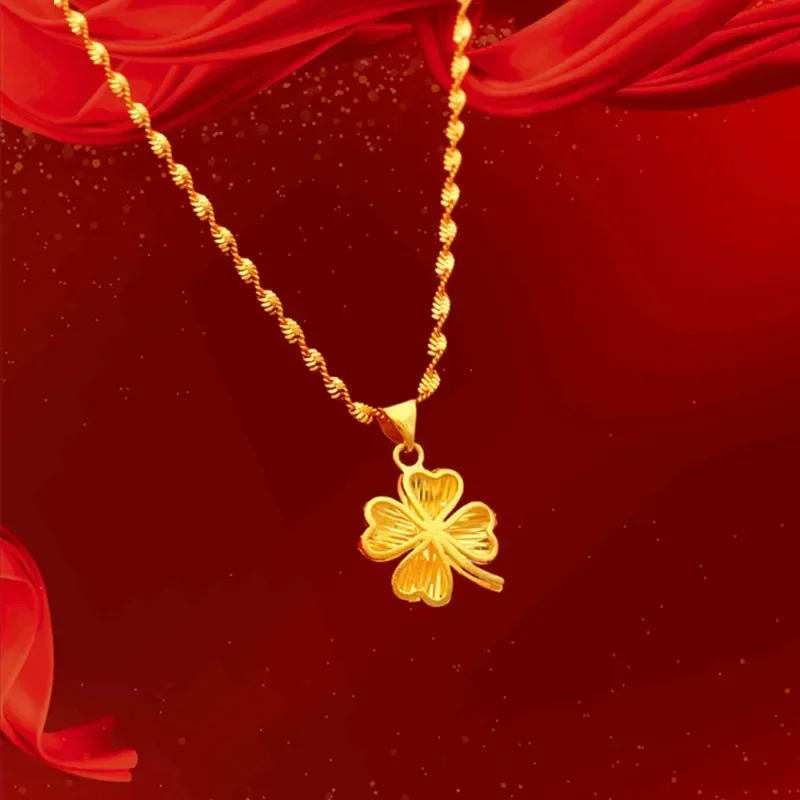 

24k Real Gold Hollow Clover Necklace, 999 Gold Necklace for Women Bride Valentine's Day Wedding Birthday Chain Jewelry Gifts