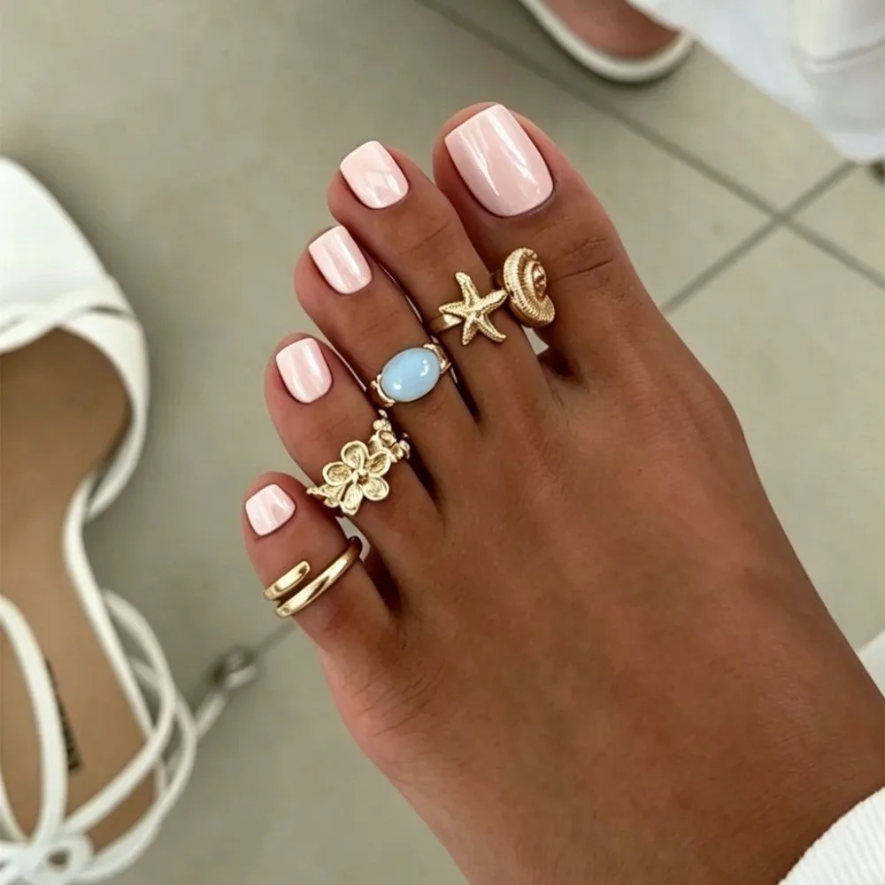 4Pcs/set Ocean Style Toe Ring Set Gem Inlay Multi Shape Conch Jewelry Stack Match Metal Base Ocean Style Decor Photo Shoot