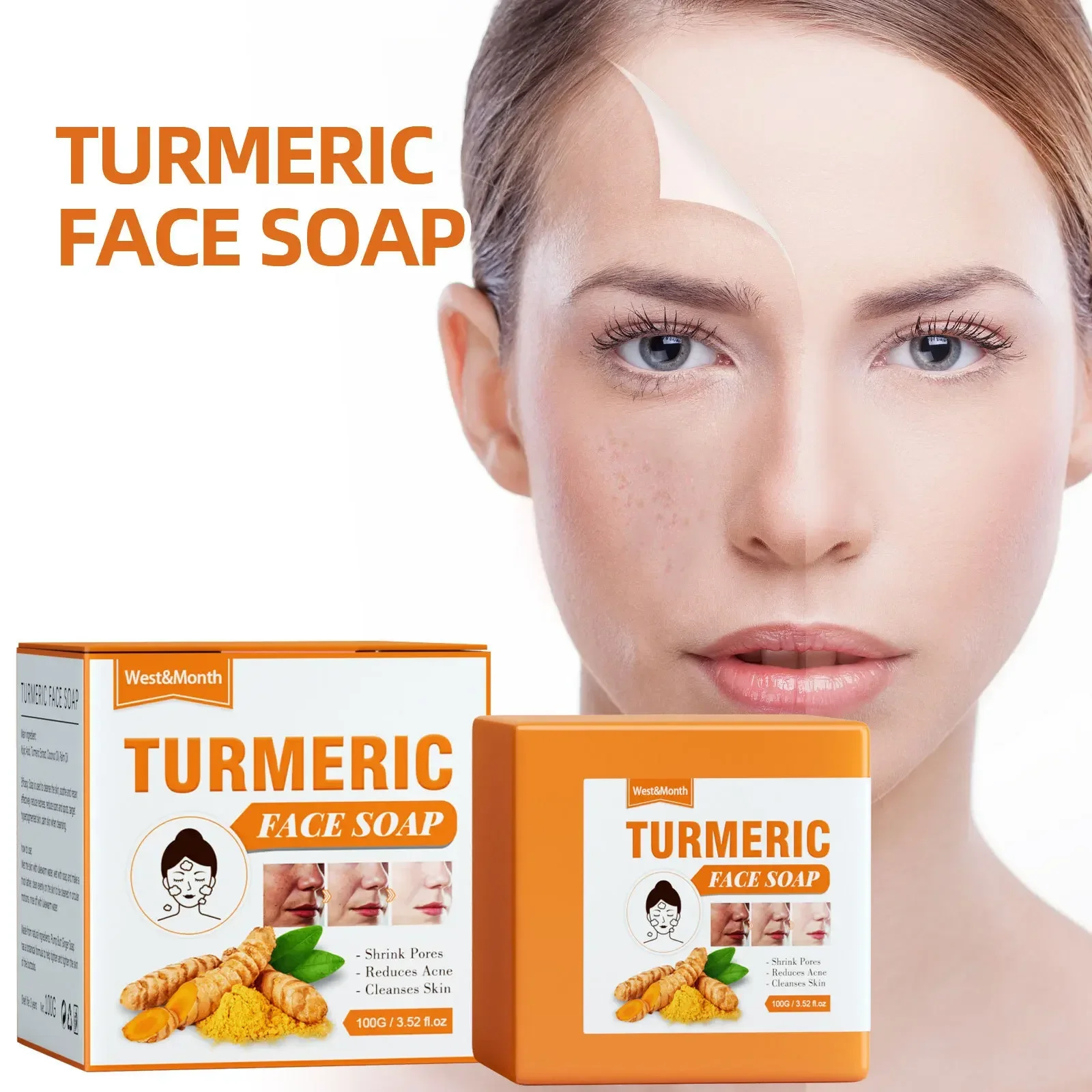 Turmeric Facial Cleansing Bar Soap with Skin-Soothing Properties, Helps Cleanse & Refresh Skin, Suitable for Most Skin Types