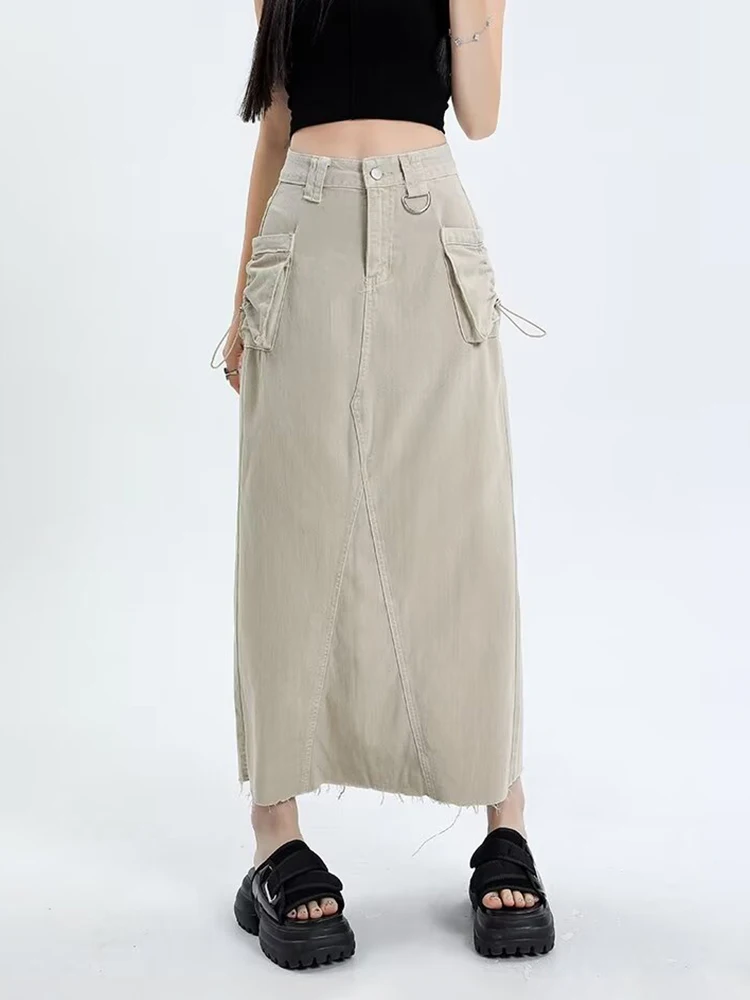 

HOUZHOU Cargo Skirts for Women Vintage Female Safari Long Skirt A Line Pocket Retro Outwear Loose Casual Streetwear Y2k Clothes