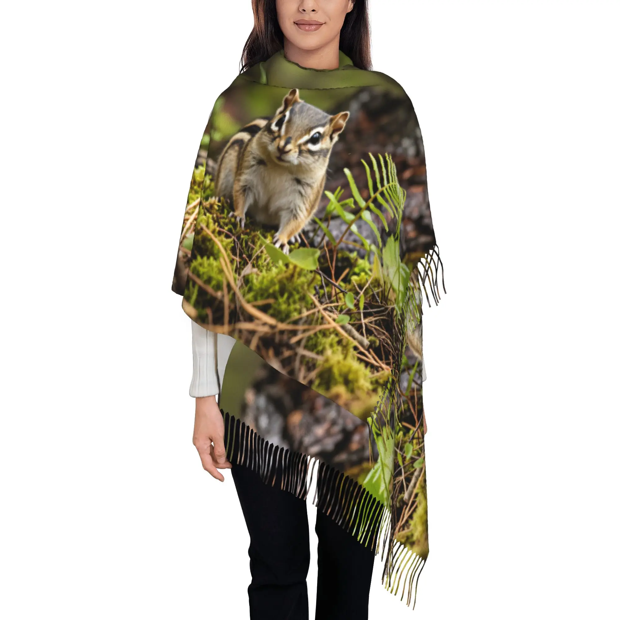 Custom Moss Forest Chipmunk Print Tassel Scarf Women Soft Shawl Wrap Female Winter Scarves